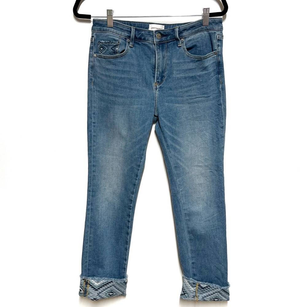 Driftwood "Colette" Straight Cropped Jeans with Embroidered Aztec cuff Sz 28 - Picture 2 of 5